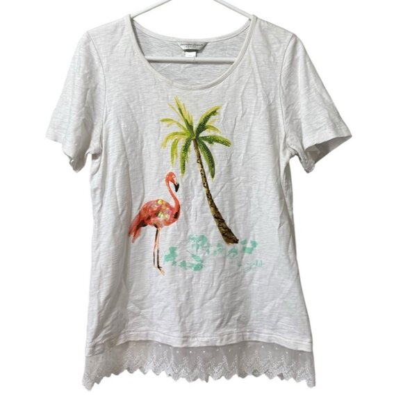 Christopher Banks Short Sleeve Women Blouse Size Petite Medium Lace Flamingo - Picture 1 of 10